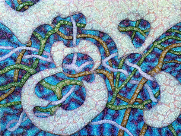 Glacial Interference, acrylic, glass beads, and shattered tempered glass on canvas painting by Cerulean Arts Collective member Elynne Rosenfeld.