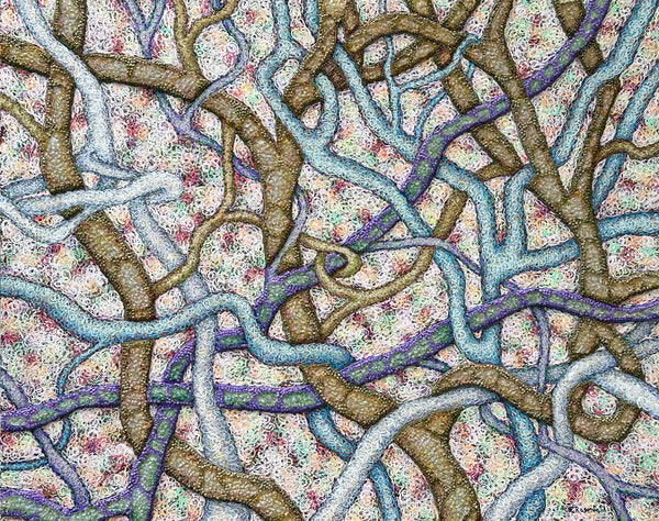 Life's Tangle #24, acrylic, glass beads, and shattered tempered glass on canvas painting by Cerulean Arts Collective member Elynne Rosenfeld.
