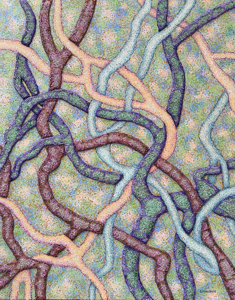 Life's Tangle #25, acrylic, glass beads, and shattered tempered glass on canvas painting by Cerulean Arts Collective member Elynne Rosenfeld.