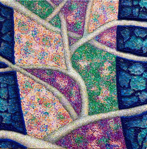 Close-up of a colorful mosaic with geometric patterns