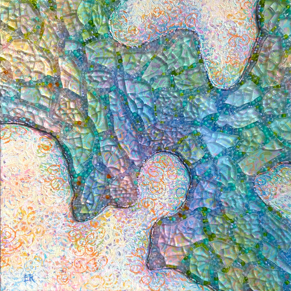Sky Snippet #1, acrylic, glass beads, and shattered tempered glass on canvas painting by Cerulean Arts Collective member Elynne Rosenfeld.