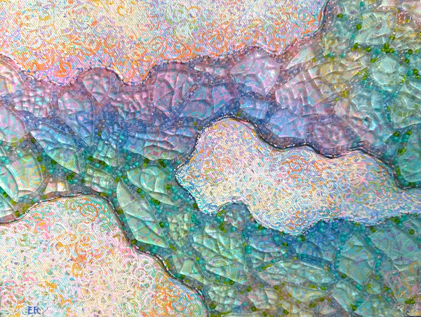 Sky Snippet #2, acrylic, glass beads, and shattered tempered glass on canvas painting by Cerulean Arts Collective member Elynne Rosenfeld.