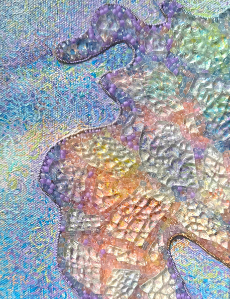 Sky Snippet #4, acrylic, glass beads, and shattered tempered glass on canvas painting by Cerulean Arts Collective member Elynne Rosenfeld.