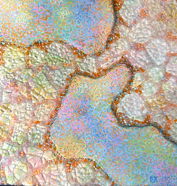 Sky Snippet #5, acrylic, glass beads, and shattered tempered glass on canvas painting by Cerulean Arts Collective member Elynne Rosenfeld.