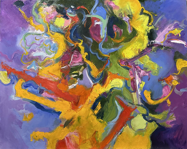 Abstract painting with vibrant colors on a purple background