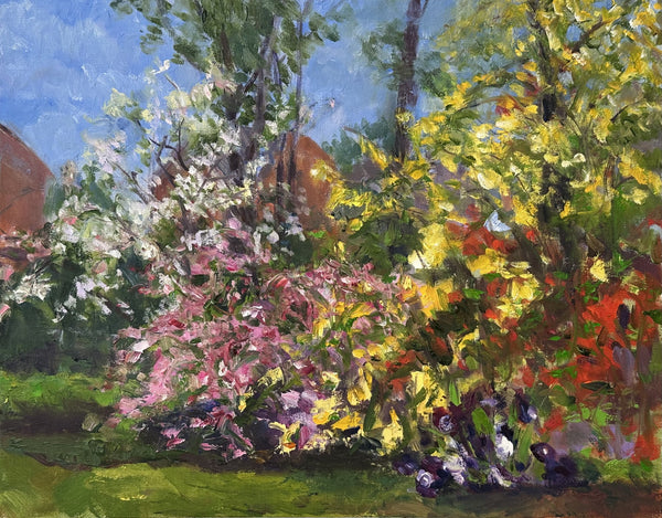 Painting of a colorful garden scene with flowers and trees