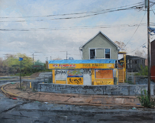 Painted scene of a small building with a colorful sign on a street corner.