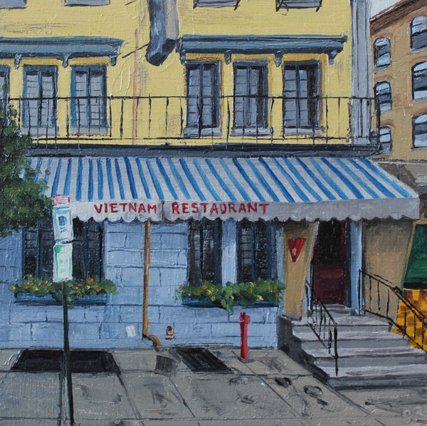 Painting of a Vietnam restaurant with a blue and white striped awning.