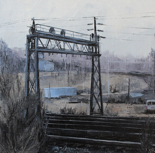 Painting of Industrial scene with a railroad trestle and power lines in the foreground, with a blurred landscape in the background.