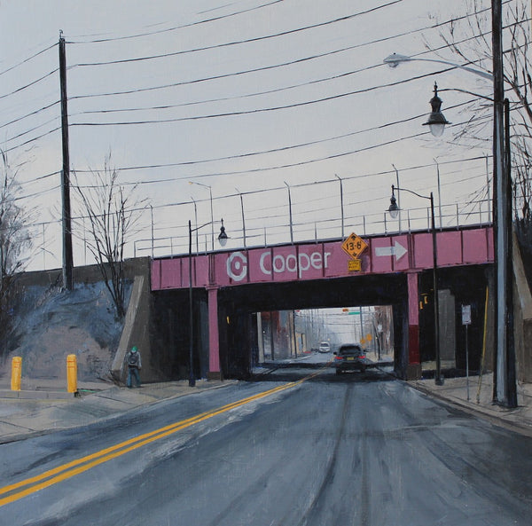 Painting of an underpass with 'Cooper' sign over a road in an urban setting with a single car and lone pedestrian.