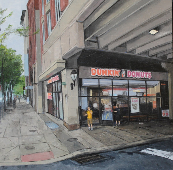 Painting of a Dunkin' Donuts store on a city street with a person standing outside