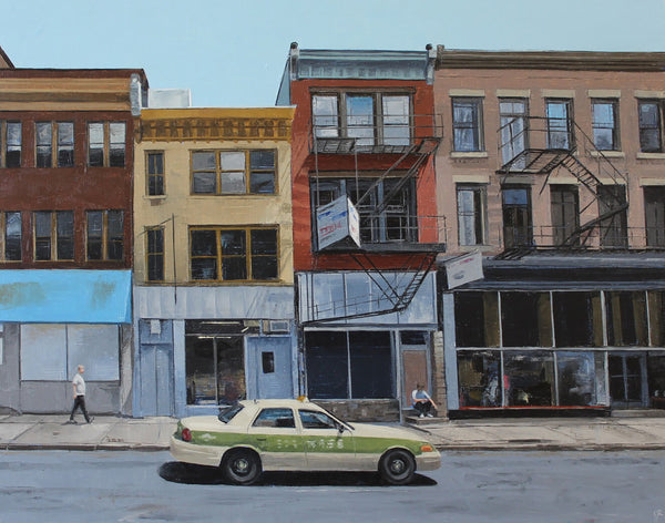 Painting of a city street with buildings and a car