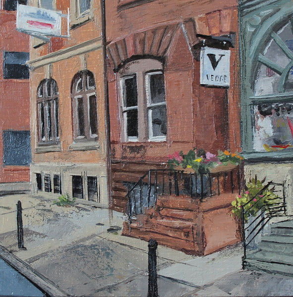Painting of a street scene with a brown building, steps, and a sign.