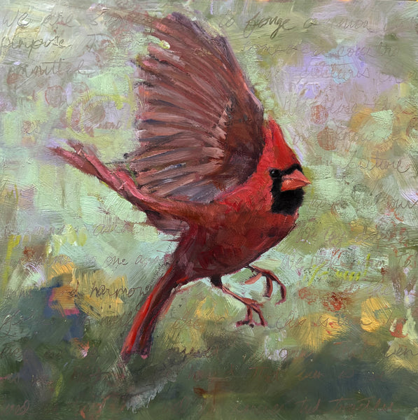 A Past We Step Into, oil on panel painting by Pennsylvania artist Kerry Sacco. Included in the exhibition Fine Feathered Friends at Cerulean Arts March 26 - April 20, 2025.