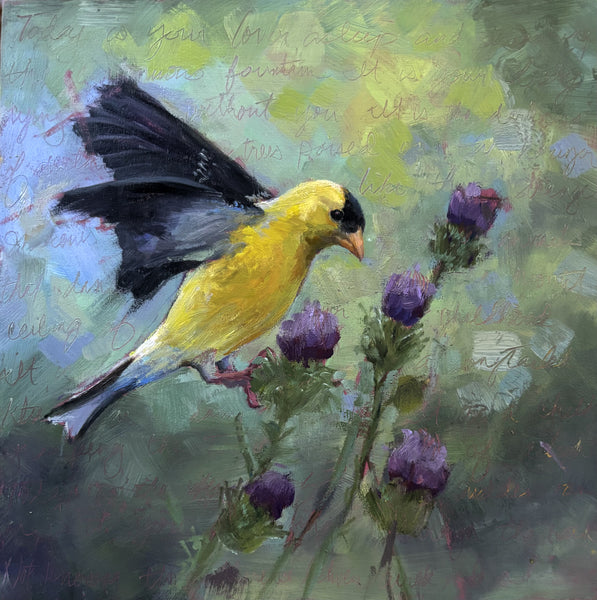 Today Is the Desire, oil on panel painting by Pennsylvania artist Kerry Sacco. Included in the exhibition Fine Feathered Friends at Cerulean Arts March 26 - April 20, 2025.