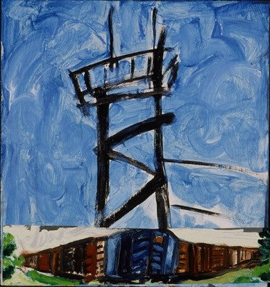 Tower Overlooking Trains, acrylic on wood and oil on metal painting by Philadelphia artist Marta Sanchez
