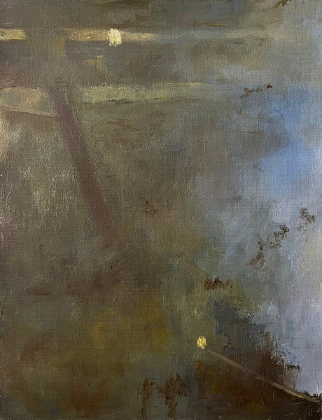 An abstract painting with textured brushstrokes in muted gray, brown, olive green, and soft blue, with small warm yellow highlights.