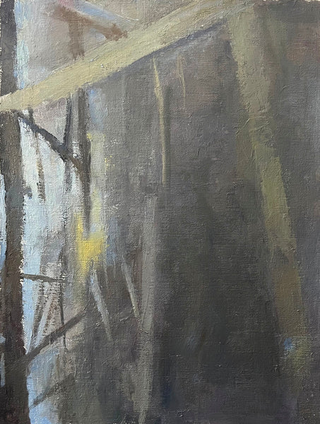 An abstract painting depicting a dark, shadowy interior or architectural structure with textured brushstrokes in charcoal gray, black, muted gold, and subtle hints of light blue and yellow.