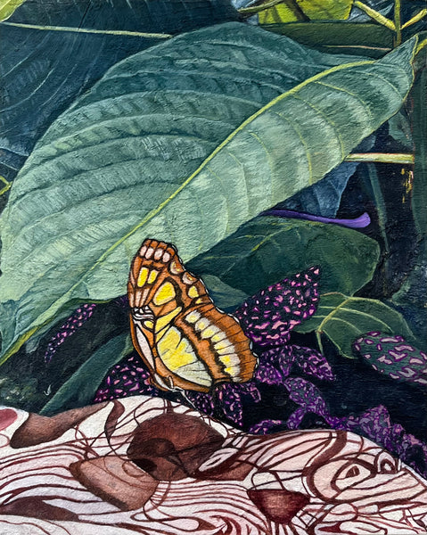 Butterfly Reflection, gouache on panel painting by Maine artist artist Alex Sax, available at Cerulean Arts