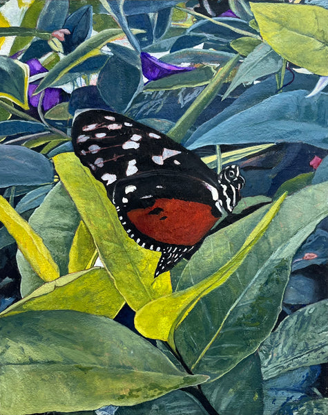 Butterfly and Purple, gouache on panel painting by Maine artist artist Alex Sax, available at Cerulean Arts