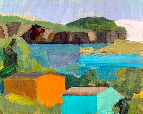 Drokes and Rocks, oil on linen panel painting by Pennsylvania artist Lou Schellenberg