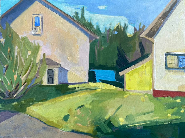 Yellow Shed, oil on paper mounted on panel painting by Pennsylvania artist Lou Schellenberg