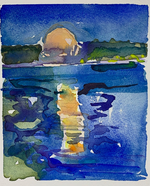 Strawberry Moon, Walpole, Maine, watercolor on paper painting by Cerulean Arts Collective member Noreen Scott Garrity