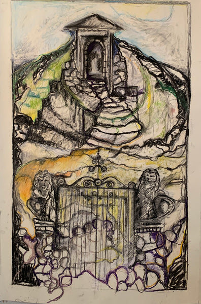 Lion Gate, Fort Mott, mixed media on paper painting by Cerulean Arts Collective member Noreen Scott Garrity