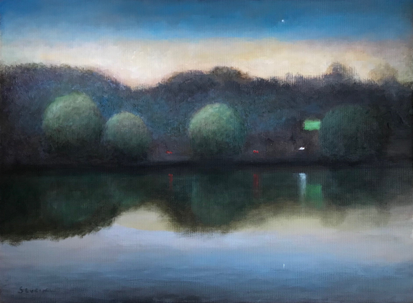 I-76 and Evening Star, oil on canvas paper landscape painting by Philadelphia artist John Sevcik. 