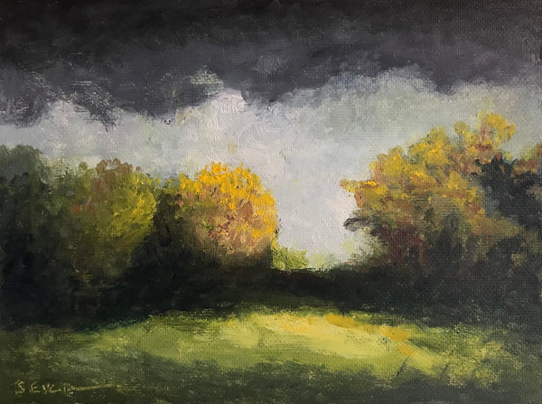 Late Day Autumn, oil on canvas landscape painting by Philadelphia artist John Sevcik. 