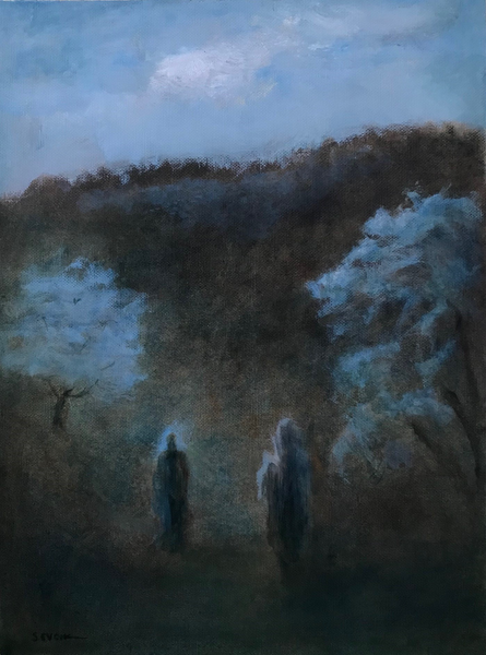 Study for Moonlight in the Spring, oil on canvas paper landscape painting by Philadelphia artist John Sevcik. 