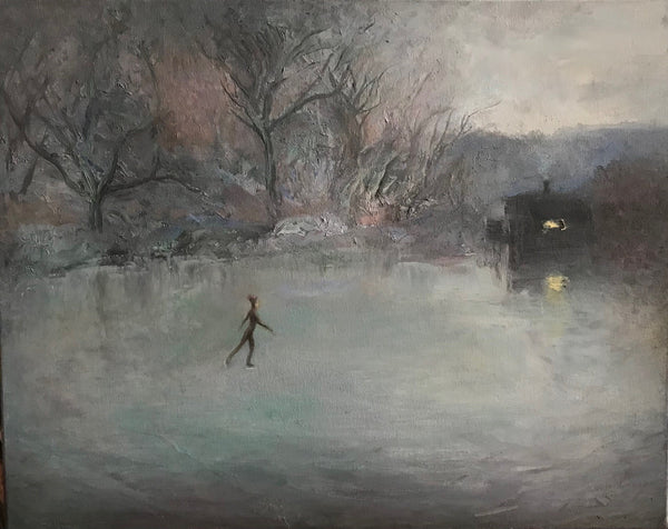 The Pond in Winter, oil on canvas landscape painting by Philadelphia artist John Sevcik. 