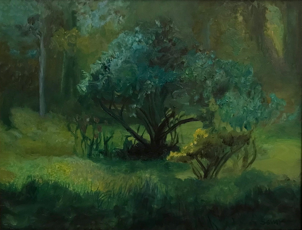 The Blue Tree (Peace Valley Park), oil on canvas landscape painting by Philadelphia artist John Sevcik. 
