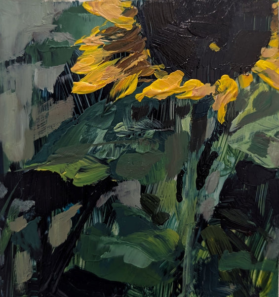 Abstract painting with yellow sunflowers and green leaves