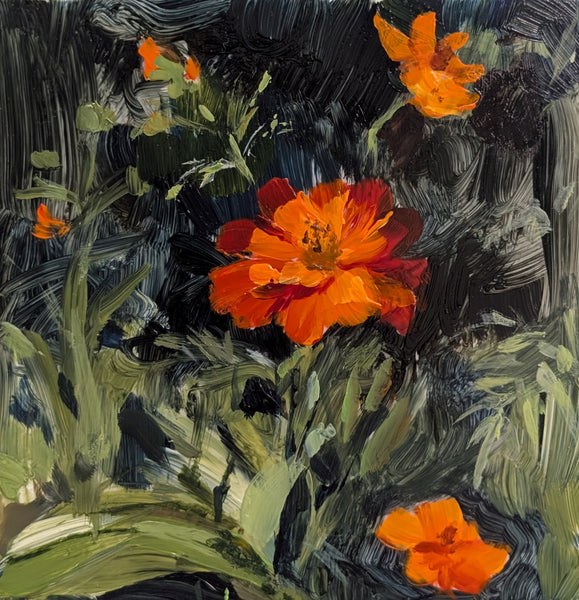 Painting of orange flowers with dark and green background