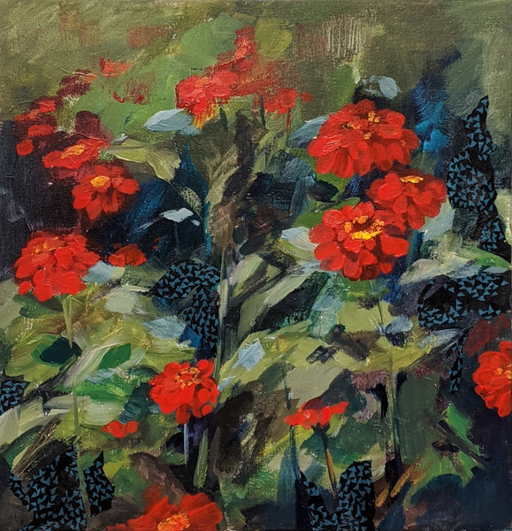 Painting of red flowers with green leaves and black butterflies.