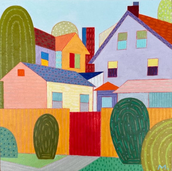 Backyards, acrylic on panel painting by Cerulean Arts Collective member Michael Smith. 