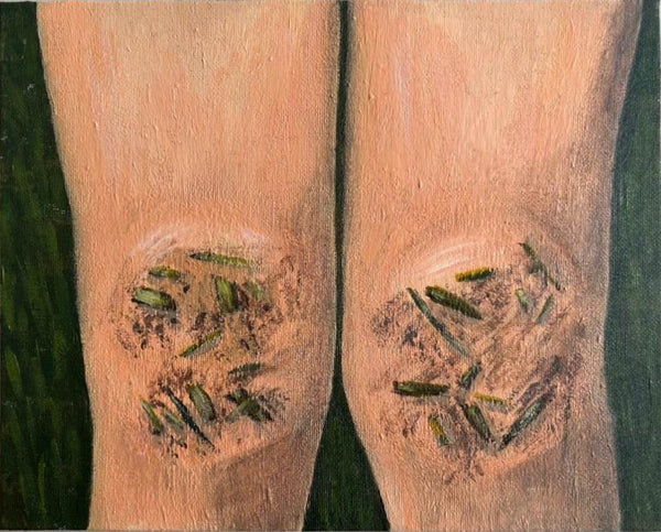 Painting of two knees with visible grass stains on a green background