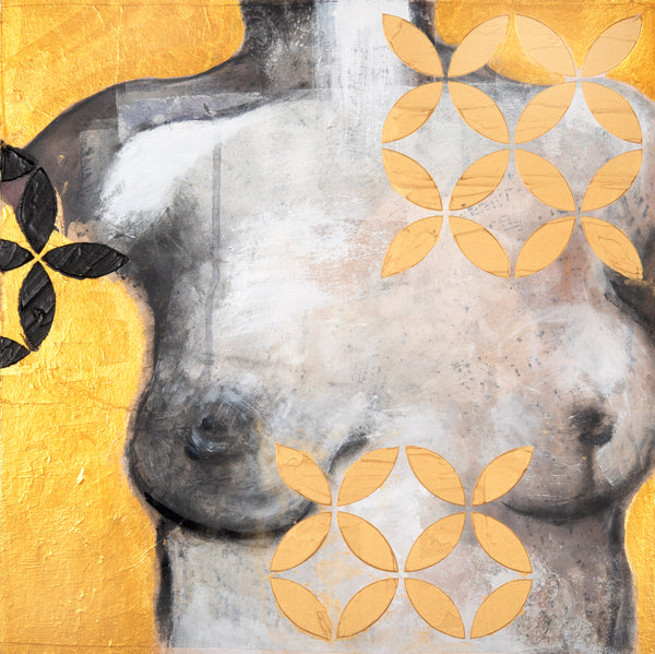 Artistic depiction of a nude figure with gold geometric patterns on a gold background