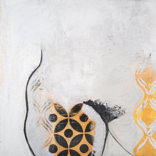 Abstract art piece with geometric patterns on a textured white background