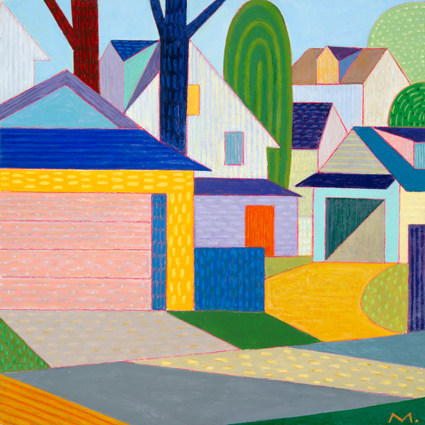 Two Garages, acrylic on panel painting by Cerulean Arts Collective member Michael Smith. 