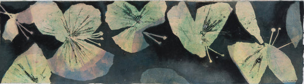 Abstract collagraph and mixed media painting of green and purple butterflies against a dark background