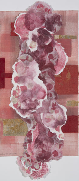 Abstract monotype collage with pink and red camellia flowers on a textured geometric background