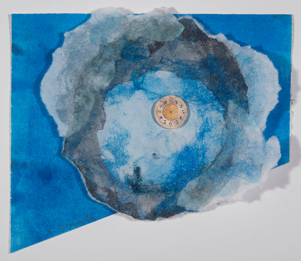 Abstract monotype and collage with a central circular design with a watch face on a blue and gray background