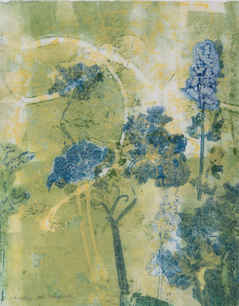 Abstract monotype with collage with blue and green plants and flowers on a textured background