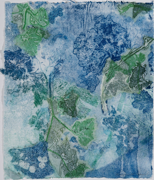 Abstract monotype and collage with blue and green leaves and flowers