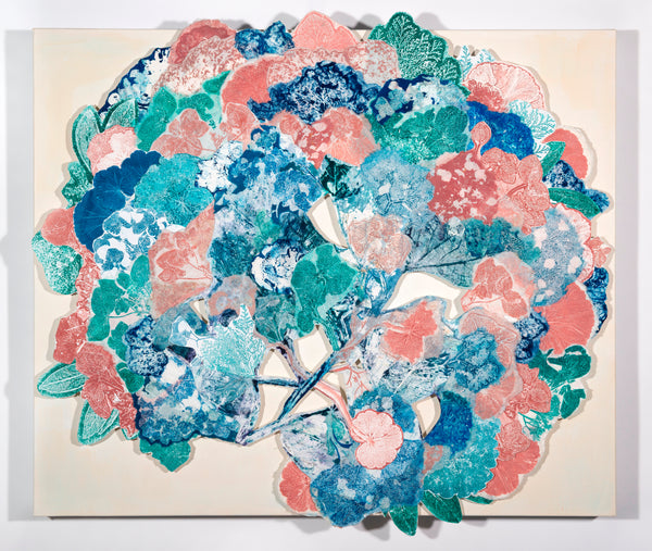 Artistic arrangement of blue and pink floral patterns on a beige background