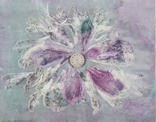Monotype collage of a detailed purple flower with a clock at its center on a textured background