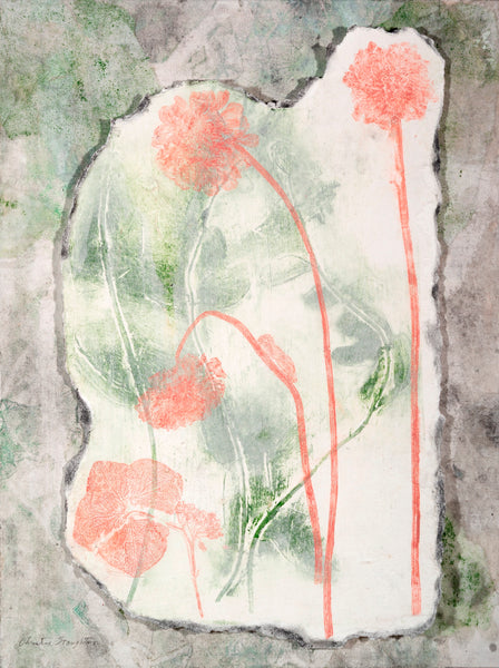 Monotype with mixed media collage of pink flowers on a textured gray and green background