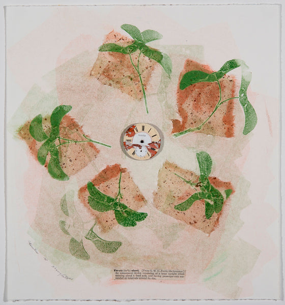 Abstract monotype and Chine collé with green leaves and a central watch face element on a textured background